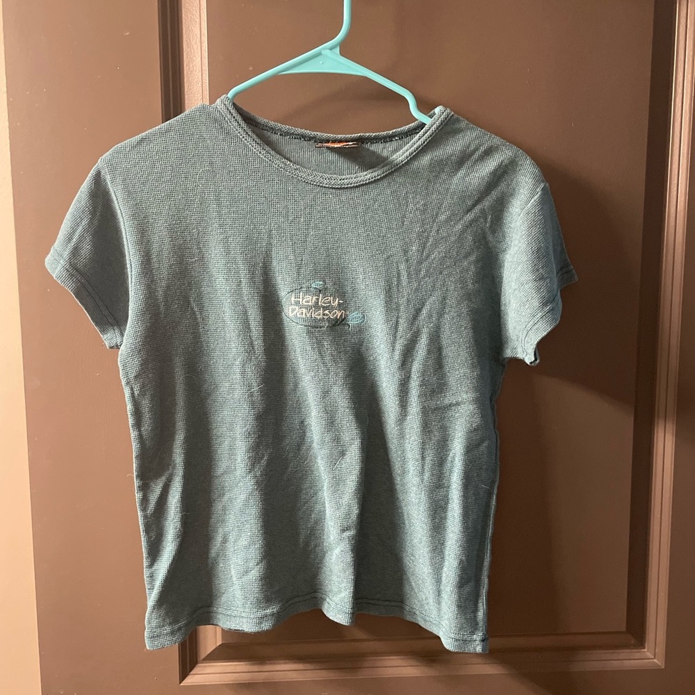 ❌SOLD❌ Harley Davidson teal embroidered waffle knit t shirt